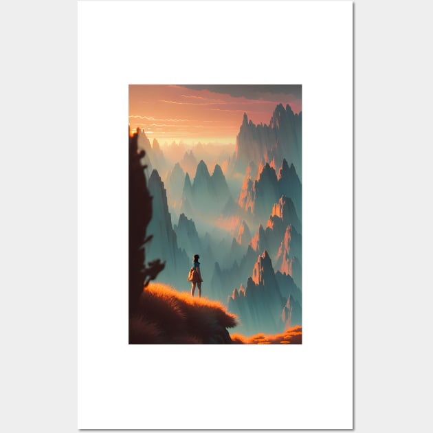 Cute Anime Girl - Mountain Range at Sunset Landscape Wall Art by Trendy-Now